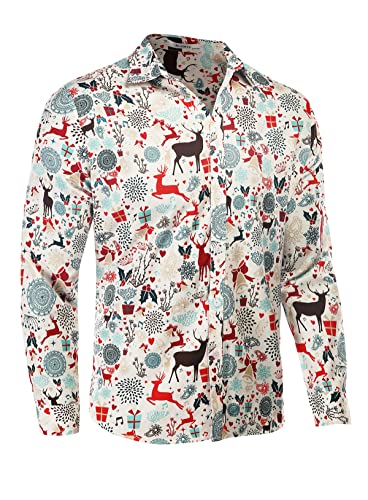 AUDATE Herren Fun Weihnachtshemden Christmas Hemden Langarm Button Freizeithemden Santa Claus Shirt Weiß L von AUDATE