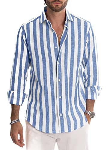 AUDATE Herren Gestreift Hemd Button Down Langarm Freizeithemden Männer Regular Fit Baumwollehemden Hellblau XL von AUDATE
