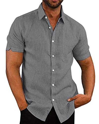 AUDATE Herren Hemd Kurze Ärmel Loose Fit Shirts Hemden Freizeithemd Top Grau M von AUDATE