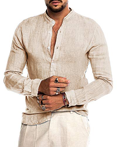 AUDATE Herren Hemd Langarm Freizeithemd Leinenhemd Baumwolle Einfarbig Basic Shirt Khaki 2XL von AUDATE