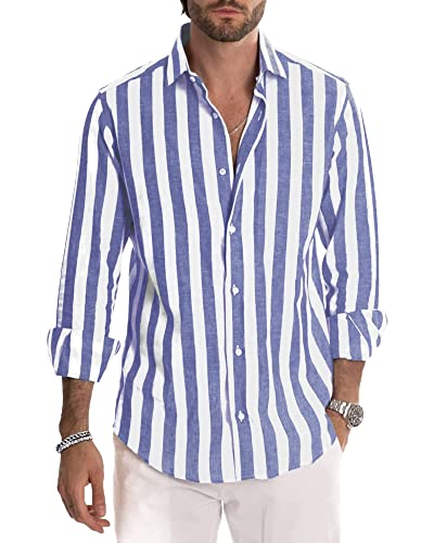 AUDATE Herren Hemd Lanngarm Gestreiftes Freizeithemd Businesshemd Regular Fit Mens Casual Shirts Blau 3XL von AUDATE