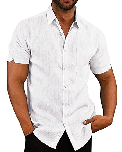 AUDATE Herren Hemd Sommer Button Leinen Hemden Kurzarm Freizeithemd Shirts Weiß L von AUDATE