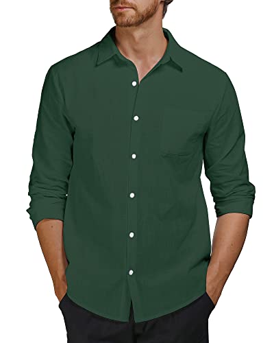 AUDATE Herren Hemden Leinen Freizeithemd Klassisch Langarm Casual Button Shirts Einfarbig Heimhemden Grün 3XL von AUDATE