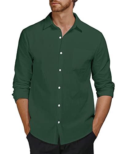 AUDATE Herren Hemden Leinen Freizeithemd Klassisch Langarm Casual Button Shirts Einfarbig Heimhemden Grün XL von AUDATE