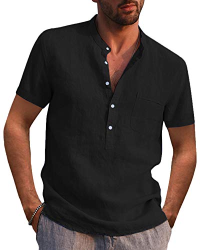 AUDATE Herren Hemden Leinen Henley Shirt Kurzarm Basic Shirt Summer Beach Shirts Schwarz 2XL von AUDATE