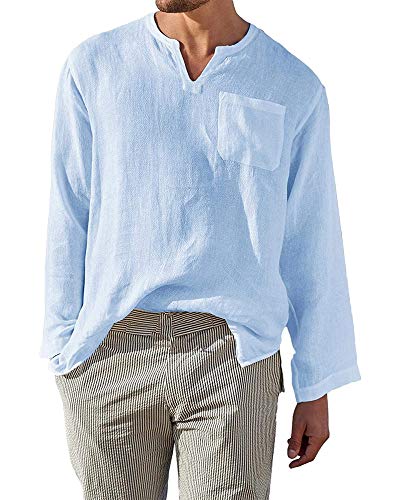 AUDATE Herren Henley Shirt V Neck Casual Shirt Strand Langarm Roll Up Loose Fit Hemd Blau L von AUDATE