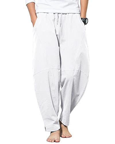 AUDATE Herren Hose Baumwolle Leinen Hosen Haremshose Yogahose Freizeit Hose Weiß 3XL von AUDATE