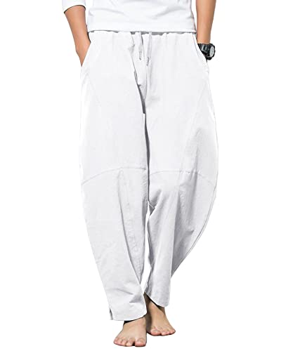 AUDATE Herren Hose Baumwolle Leinen Hosen Haremshose Yogahose Freizeit Hose Weiß XXL von AUDATE