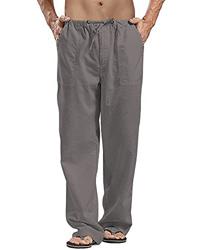 AUDATE Herren Hose Lang Kordelzug Seitetasche Strandhose Baumwolle Sommerhose Dunkelgrau L von AUDATE