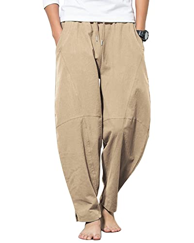 AUDATE Herren Hose Lang Leinen Freizeithose Casual Strandhose Einfarbig Sommerhose Khaki L von AUDATE
