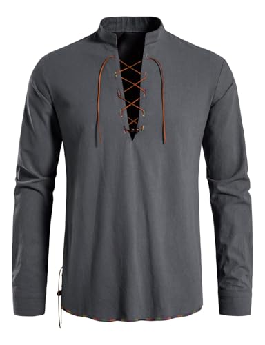 AUDATE Herren Kostüm Schnürunghemden Baumwolle Langarmhemd Mittelalterliches Hemd Vintage Kostüm Dunkelgrau M von AUDATE