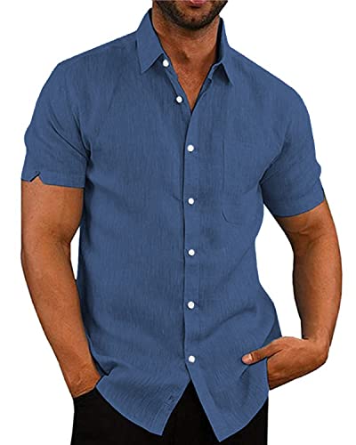 AUDATE Herren Kurzarm Baumwolle Leinen Hemd Strandhemd Casual Shirts Tops Dunkelblau 3XL von AUDATE
