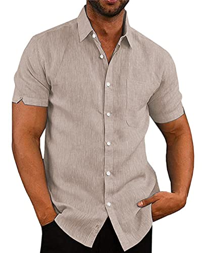 AUDATE Herren Kurzarm Freizeithemd Button Down Hemd Sommer Beach Shirt Khaki M von AUDATE