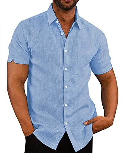 AUDATE Herren Kurzarm Hemden Casual Button Down Hemd Sommer Beach Shirt Blau XXL von AUDATE