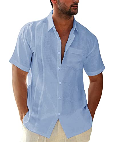 AUDATE Herren Kurzarm Sommerhemd Männer Casual Shirt Baumwolle Freizeithemden Tops Himmelblau M von AUDATE