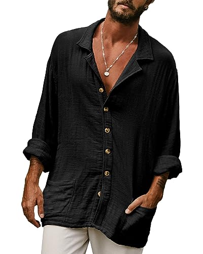 AUDATE Herren Lässiges Langarmhemd Einfarbiges Button Down Freizeithemden Leinenhemd Baumwolle Beach Tops Schwarz L von AUDATE