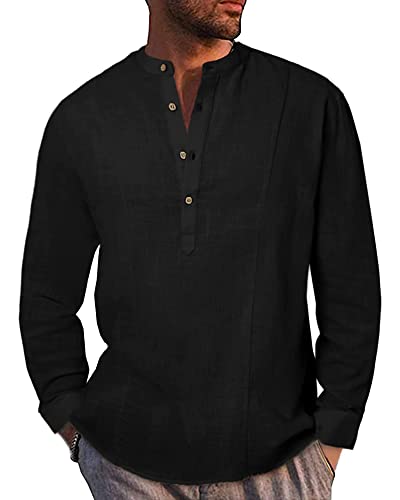 AUDATE Herren Langarm Baumwoll Leinen Freizeithemd Henley Shirts Casaul Sommer Strand Hemd Schwarz 3XL von AUDATE