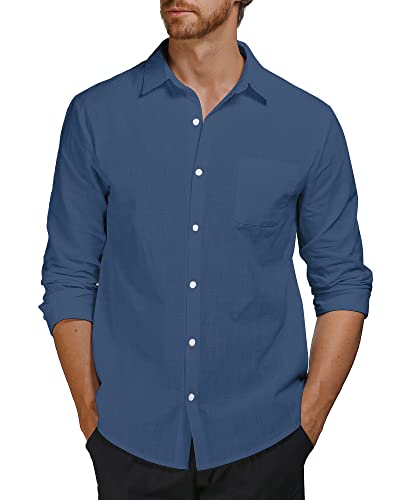 AUDATE Herren Langarm Baumwollhemd Casual Shirts Leinenhemd Sommer Strand Hemden mit Tasche Meeresblau 3XL von AUDATE