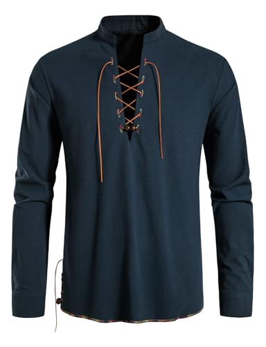 AUDATE Herren Langarm Schnürhemd Steampunk Schnürung Piratenhemd Mittelalter Hemd Wikinger Gothic Shirt Marine 3XL von AUDATE