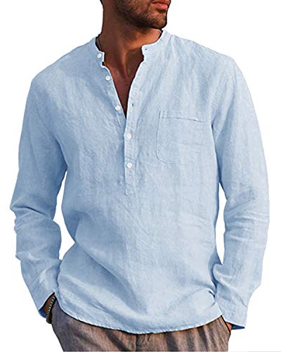 AUDATE Herren Langarm T-Shirt Männer Baumwolle V-Ausschnitt Hemd Tops Hemden Freizeithemden Himmelblau 2XL von AUDATE