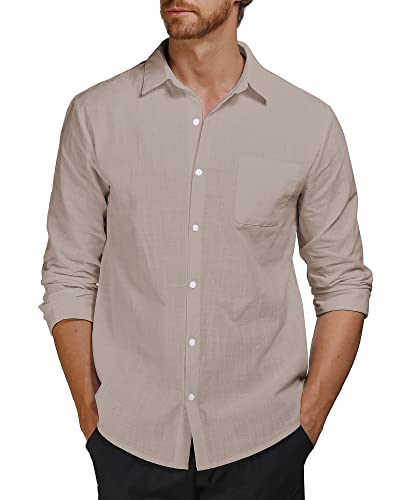 AUDATE Herren Langarmhemd Freizeithemd Knopfhemd Lässige Strand Hemden Yoga Tops Leinen Hemden Khaki L von AUDATE