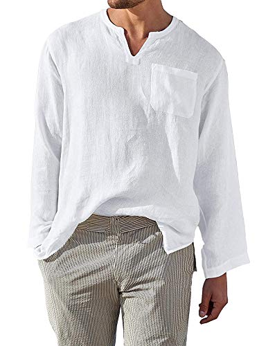 AUDATE Herren Leinen Baumwolle Freizeithemd Henley Shirt Langarm Loose Fit Hemd Weiß L von AUDATE