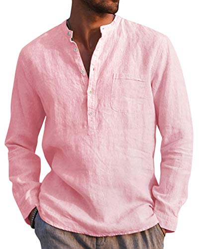 AUDATE Herren Leinen Baumwolle Hemden Henley Shirt Langarm Roll-up Basic Shirt Rosa 2XL von AUDATE