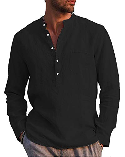 AUDATE Herren Leinen Baumwolle Henley Shirt Roll-up Langarm Basic Vintage T-Shirt Stehkragen Schwarz L von AUDATE