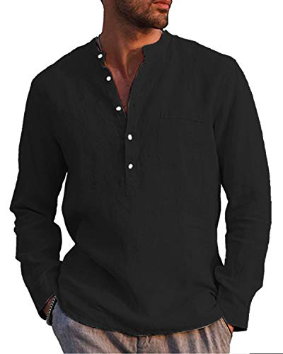 AUDATE Herren Leinen Baumwolle Henley Shirt Roll-up Langarm Basic Vintage T-Shirt Stehkragen Schwarz M von AUDATE