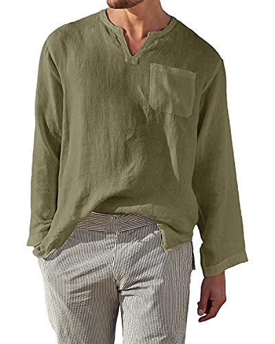 AUDATE Herren Leinen Hemd Baumwolle Freizeithemd Sommer Hemd Henley Shirt Armeegrün M von AUDATE