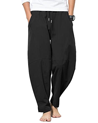 AUDATE Herren Leinen Hosen Männ Summer Beach Hose Lässig Einfarbige Lose Hose Schwarz 3XL von AUDATE