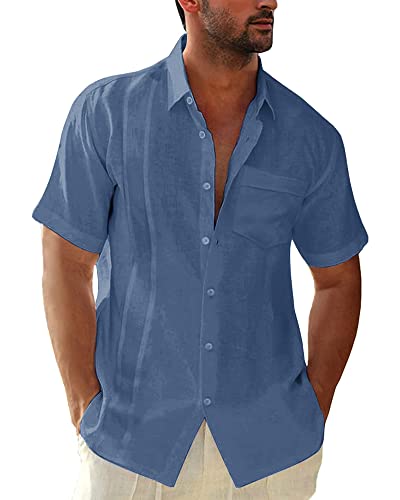 AUDATE Herren Leinenhemd Baumwolle Hemd Sommer Kurzarm Freizeithemd Mens Solid Shirts Blau L von AUDATE