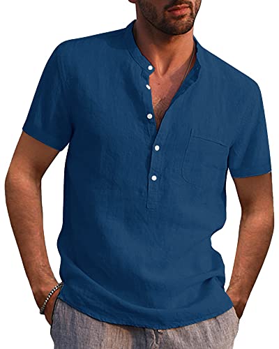 AUDATE Herren Leinenhemd Baumwolle Hemd Sommer Strand Kurzarm Freizeithemd Henley Shirts Blau XXL von AUDATE