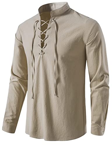 AUDATE Herren Leinenhemd Baumwolle Klassisches Langarmhemd Schnürhemd Schottisches Ghilliehemd Khaki 3XL von AUDATE