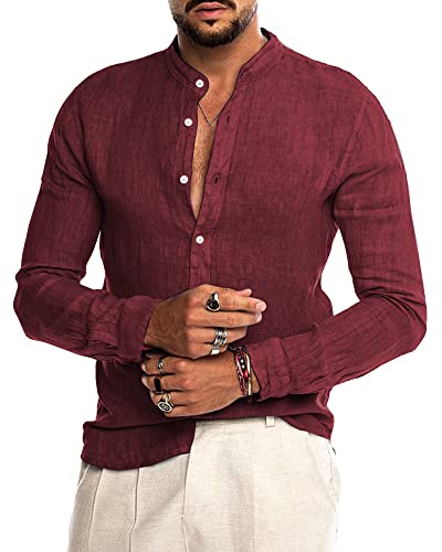 AUDATE Herren Leinenhemd Herren Freizeithemd Langarm Sommer Strandhemd Casual Shirts Weinrot 3XL von AUDATE