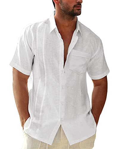 AUDATE Herren Leinenhemd Kurzarm Sommerhemd Freizeithemd Men's Casual Shirts Tops Weiß 3XL von AUDATE