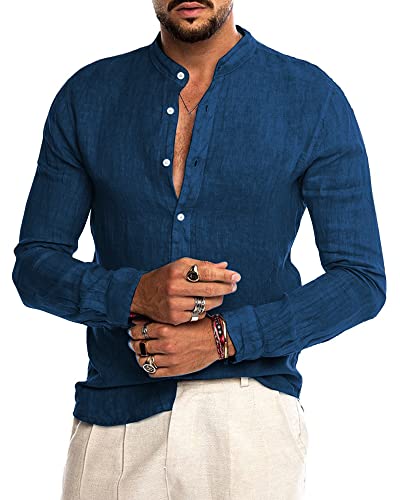 AUDATE Herren Leinenhemd Langarm Hemden Strand Sommerhemd Herren Freizeithemd Shirt Blau XXL von AUDATE