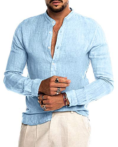 AUDATE Herren Leinenhemd Langarm Herren Hemd Sommerhemd Herren Casual Freizeithemd Shirt Hellblau XL von AUDATE