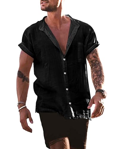 AUDATE Herren Leinenhemd Sommer Casual Henley Shirts Kurzarm Strand Hemd Freizeithemd Schwarz 3XL von AUDATE