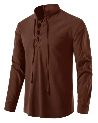 AUDATE Herren Leinenhemd Traditioneller Retro-Stil Schnürung Hemd Shirts Langarm Freizeithemd Braun 3XL von AUDATE