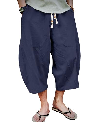 AUDATE Herren Leinenhose 3/4 Lang Sommerhose Regular Fit Freizeithose Baggy Beach Shorts Caprihose Blau M von AUDATE