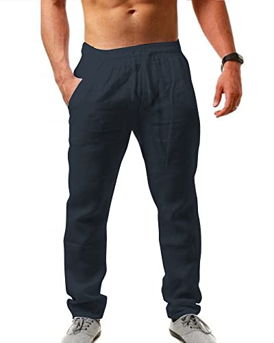 AUDATE Herren Leinenhose Baggy Leicht Sommerhose Leinen Hosen mit Taschen Marine 3XL von AUDATE