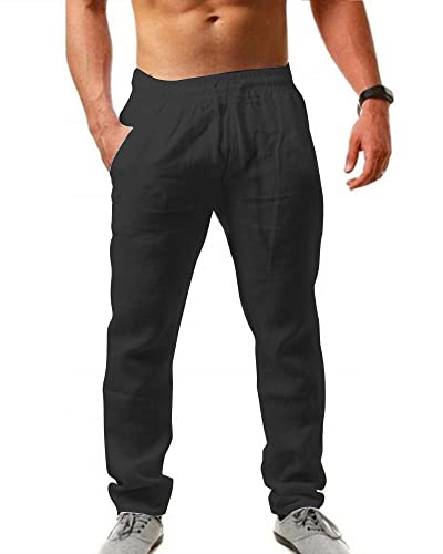 AUDATE Herren Leinenhose Freizeithose Strandhose Sommerhose Baumwolle Hose Schwarz XXL von AUDATE
