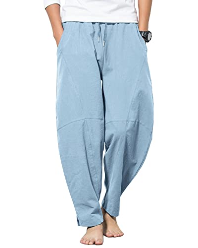 AUDATE Herren Leinenhose Lang Leicht Sommerhose Casual Freizeithose für Urlaub Strand Alltag Hellblau XXL von AUDATE