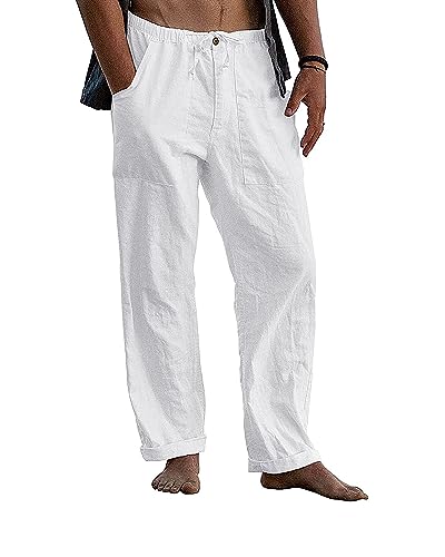 AUDATE Herren Leinenhose Lange Weite Sommer Herbst Hose Reißverschluss Strandhose Kordelzug Yogahose Weiß XL von AUDATE