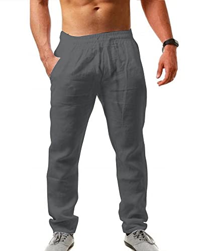 AUDATE Herren Leinenhose Lange Weite Sommerhose Kordelzug Yogahose Strandhose Dunkelgrau 3XL von AUDATE