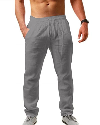 AUDATE Herren Leinenhose Sommerhose Kordelzug Luftig Sonnenschutz Strandhose Taschen Grau 3XL von AUDATE