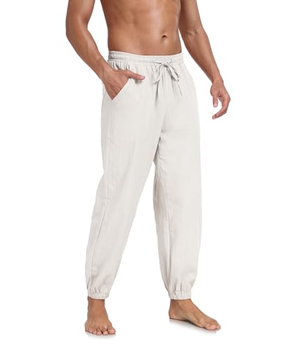 AUDATE Herren Leinenhosen Baumwolle Freizeithose Lang Casual Sommer Hosen Elastische Taille Strandhose Weiß L von AUDATE