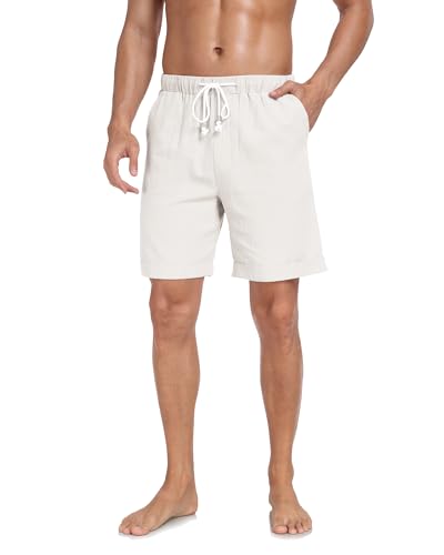 AUDATE Herren Leinenshorts Leichte Luftige Sommershorts Einfarbige Lockere Passform Kurze Freizeithose Weiß XL von AUDATE