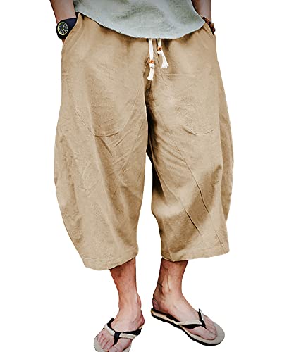 AUDATE Herren Shorts 3/4 Hose Baumwolle Baggy Freizeithose Taschen Caprihose Kurze Sommerhose Khaki M von AUDATE